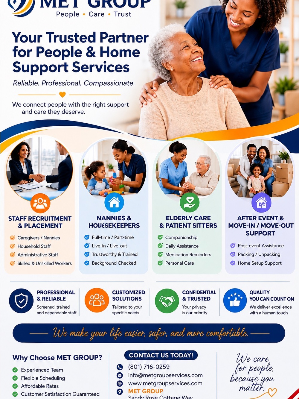 MET GROUP Home & Personal Care Services Poster - Blue, White, Orange